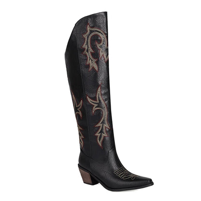 Plus Size Embroidered Punk Style Women's Knight Boots With Pointed Wood Grain Thick Heels Embroidered Fashion Knee Length Boots