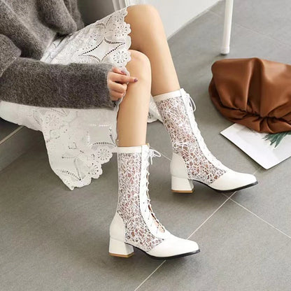 Weave Hollow Lace Patchwork Pu Cross Tie Summer Breathable Mid Length Boots With Round Toe Thick Heels Summer Cool Boots