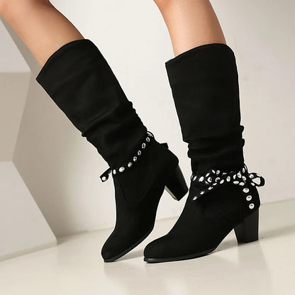 Ankle Tie Bow Round Head Thick Heel Suede Material Women's Knee High Boots Autumn And Winter New Style Simple Style Long Boots