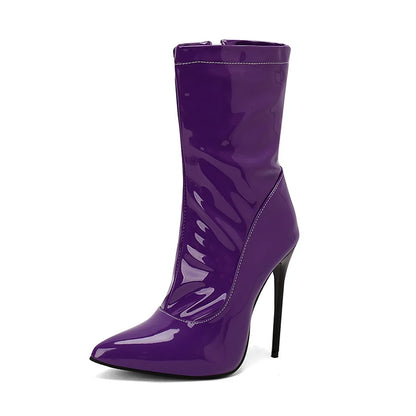 Plus Size Glossy Patent Leather Pointed Side Zipper Ultra-High Slim Heel Socks Boots Sewing Purple Mid Length Boots