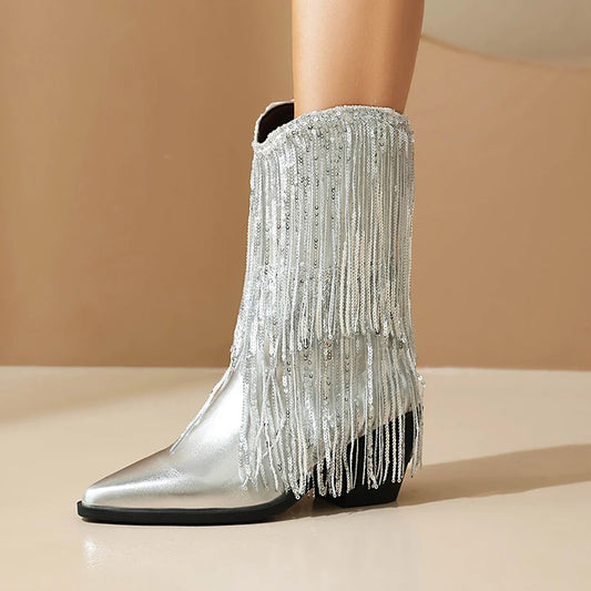 Sharp Pointed Thick Heel Super Fiber PU Shiny Tassel Autumn Women's Boots Slip On Bling Bling Thin Stripe Tassel Mid-Calf Boots