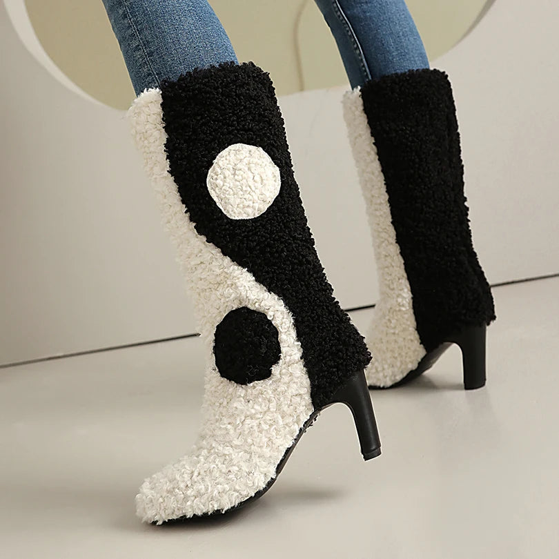 Plus Size Lamb Fur Color Blocked Circular Pattern Irregular Thick Heel Slip On Mid Length Boots Plush Lining Winter Snow Boots