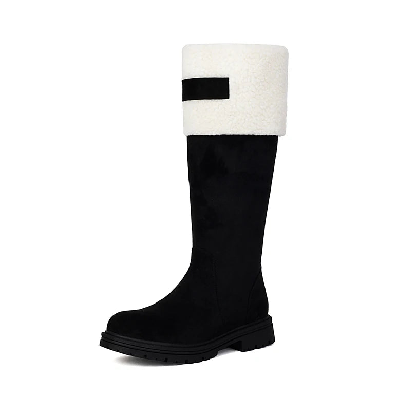 Plus Size Lamb Wool Splicing Frosted Velvet Upper Sponge Anti Slip Thick Sole Snow Boots Side Zipper Plush Lining Knee High Boot