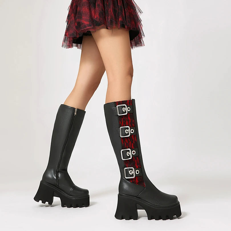 Elastic Velvet Splicing PU Punk Style Row Metal Belt Square Buckle Boots High Platform Thick Heel Zipper Plush Lining Knee Boots