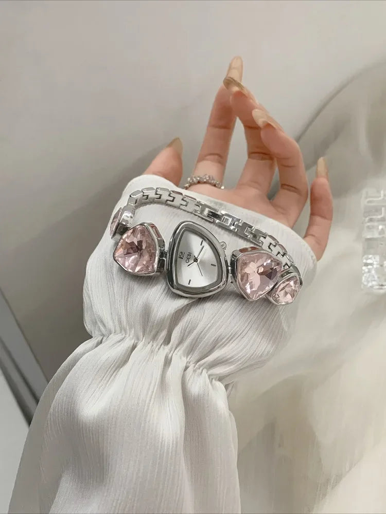 Creative Irregular Women's Bracelet Light Luxury Pink Gemstone Fashion Bracelet Silver Women's Quartz Watch Reloj Mujer