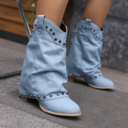 Boots With Wood Grain Thick Heels Slip-On Ankle Boots