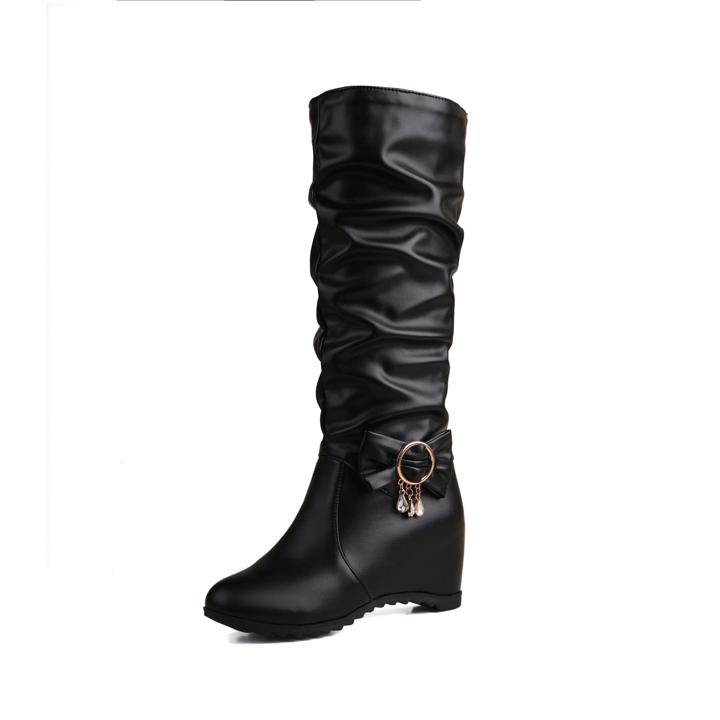 Round Toe Slope With Plush Lining Winter Snow Boots With Metal Buckle Pearl Bow Slip-On Height Increasing Knee High Boots