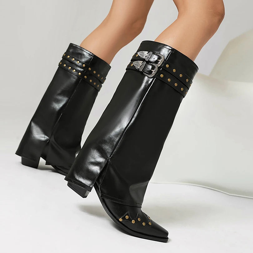 Plus Size Double Row Metal Belt Buckle Rivet Punk Style Street Trend Mid-Calf Boots Breathable Lining Fashion Women's Shoes