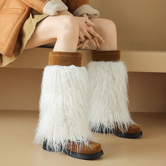 Fur Patchwork Matte Round Toe Thick Sole Plush Lining Winter Knee High Boots Warm And Cozy In Winter Sweet Slip On Boots