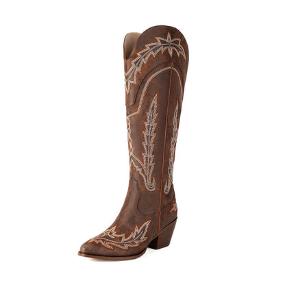 Wood Grain Conical Thick Heel Pointed Embroidery Stripe Fashion Western Boots Breathable Interior Autumn New Knee High Boots