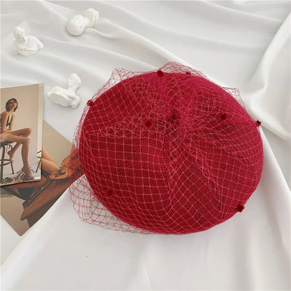 Beret hat women pearl net yarn painter hat