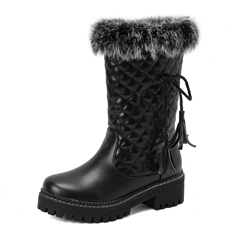 Tassel Lace Up Decal Checkerboard PU Splicing Fur Slip On Women's Mid Calf Boots Thick Sole Thick Heel Height Snow Boots