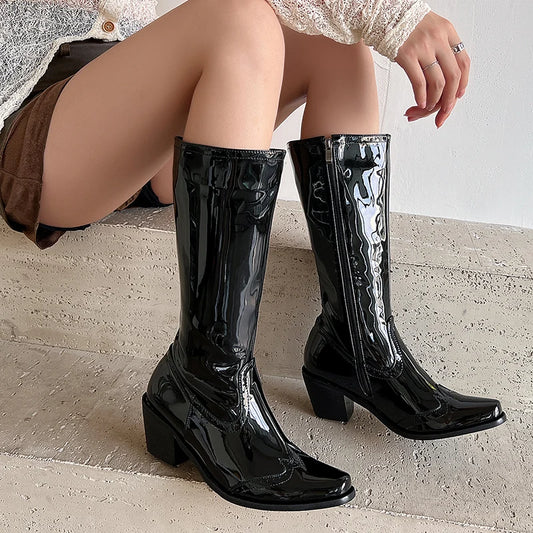 Plus Size Wood Grain Conical Thick Heel Square Toe Side Zipper Plush Inner Lining Mid-Calf Boots Small Hole Sewing Boots