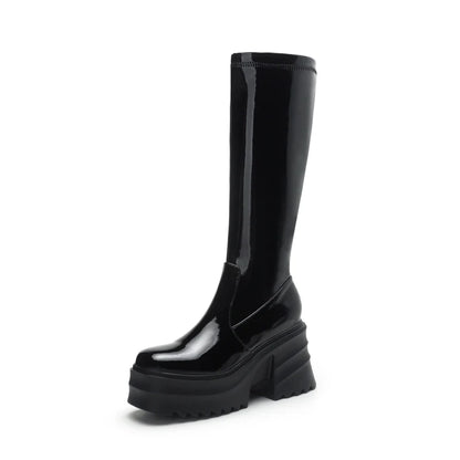 Bright Patent Leather Material Square Toe Super High Thick Bottom Zipper Women's Knee High Waterproof Platform Warm Boots