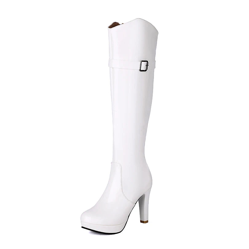 Ultra High Hollow Thick Heel Round Toe Platform Zipper Sexy Performance Long Boots Square Metal Buckle Breathable Knee High Boot