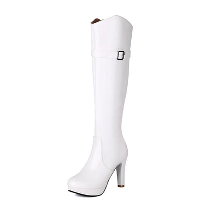 Ultra High Hollow Thick Heel Round Toe Platform Zipper Sexy Performance Long Boots Square Metal Buckle Breathable Knee High Boot