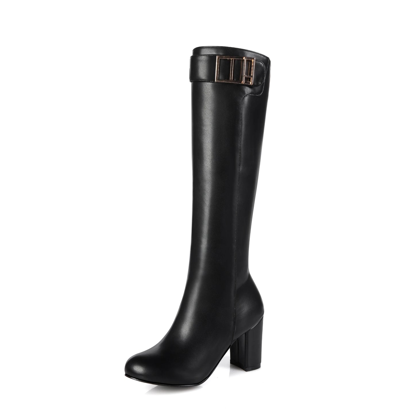 Plus Size Metal Belt Buckle Decorative Round Toe Thick Heel Knee High Boots Soft Surface PU Side Zipper Women's Boots