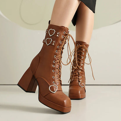 Plus Size Heart-Shaped Metal Buckle Rivet Strap Mid-Tube Boots Square Toe Platform Super Irregular Thick Heel Warm Lace-Up Boots