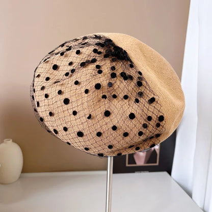 Beret hat women pearl net yarn painter hat