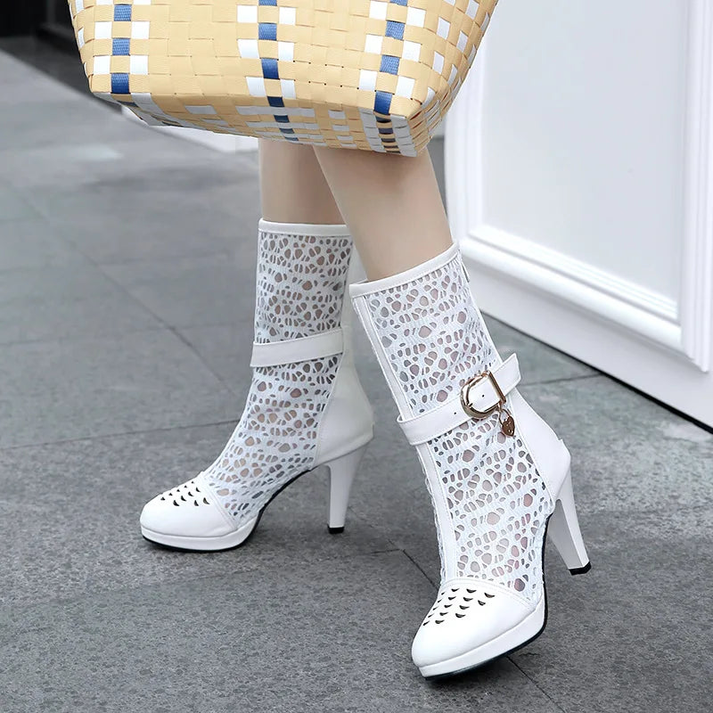 Plus Size Lace Mesh Patchwork PU Hollow Breathable Sexy Women's Mid-Calf Boots With Metal Buckle Back Zipper Summer Boots