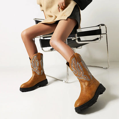 Plus Size Square Stitch Embroidered Women's Western Boots With Thick Soled Sponge Cake And Embroidered Mid Calf Boots