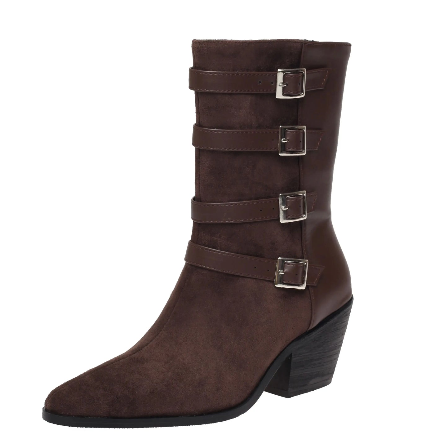 Plus Size Matte Suede Upper Pointed Cone Shaped Thick Heel Plush Inner Lining Four Rows Of Belt Buckles Retro Mid-Calf Boots