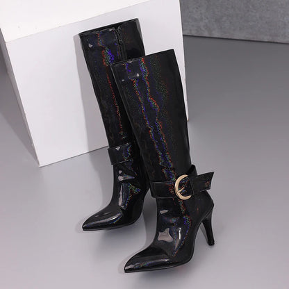 Plus Size Ankle Metal Belt Buckle Decorative Side Zipper Women's Knee Long Boots Pointed Tip Super High Heels Sexy Long Boots