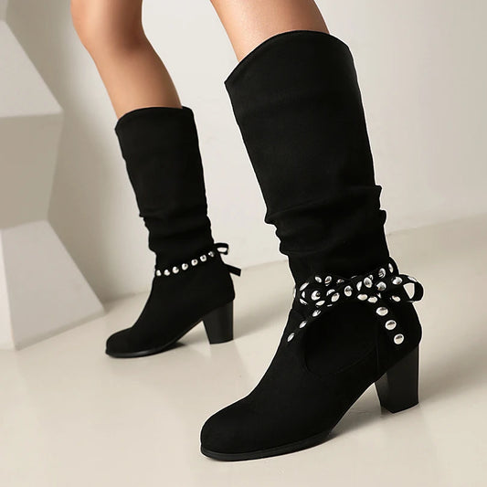 Ankle Tie Bow Round Head Thick Heel Suede Material Women's Knee High Boots Autumn And Winter New Style Simple Style Long Boots