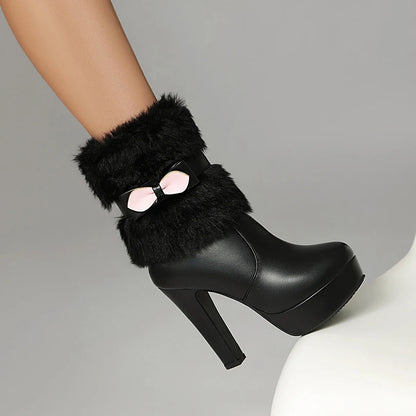 Fur Splicing PU Bow Side Zipper Winter Snow Boots Round Toe Platform Ultra-High Thick Heel Winter New Warm Mid-Calf Boots