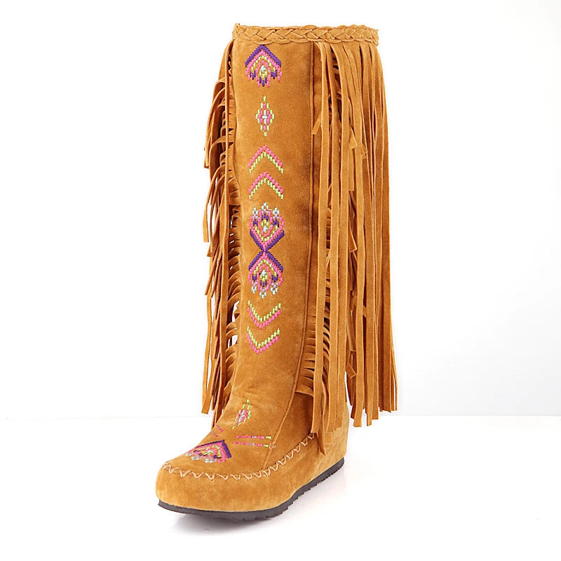 Plus Size Tassel Flock Embroidery Pattern Ethnic Style Women's Mid-Calf Boots Flat Bottom And Raised Plush Inner Lining Boots