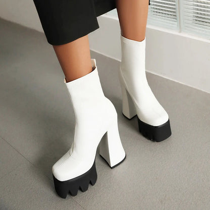 High Platform Hollow Heel Fashion Short Boots Elastic PU Super High Thick Heel Plush Inner Lining Nightclub Trend Women's Boots