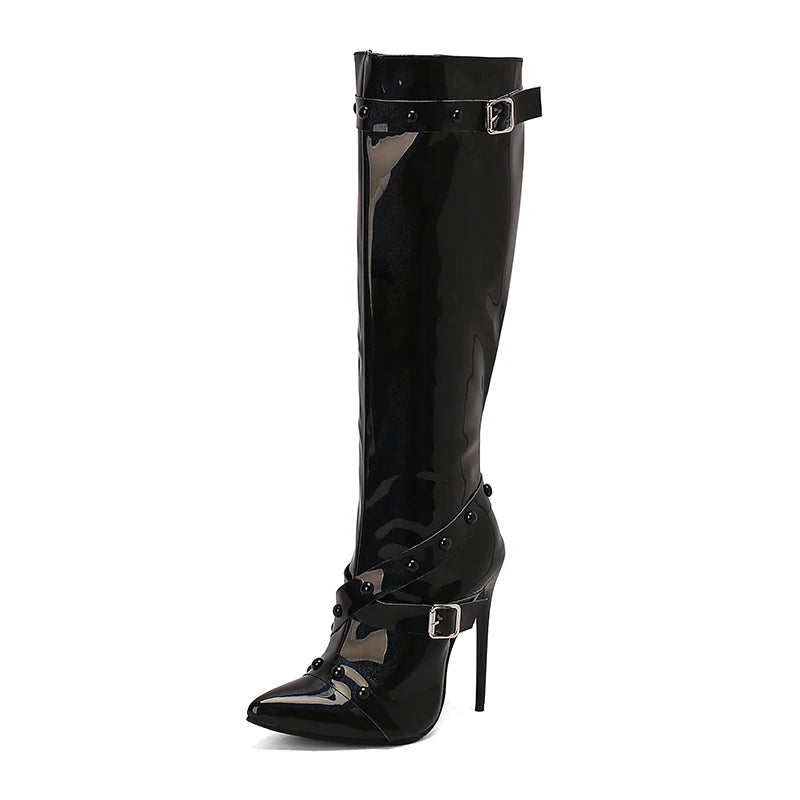 Plus Size Cross Fine Strap Buckle Rivet Side Zipper Pointed Ultra-High Slim Heel Knee Boots Punk Style Belt Buckle New Boots