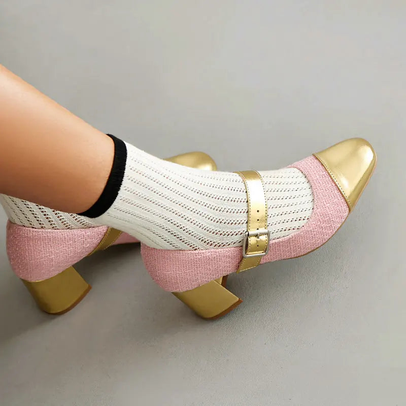 Plus Size 34-48 Gold White Mix Color Patchwork Buckle Belt Luxury Women Pumps Square Chunky High Heeled Shoes Heels Mary Janes