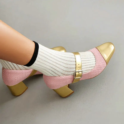 Plus Size 34-48 Gold White Mix Color Patchwork Buckle Belt Luxury Women Pumps Square Chunky High Heeled Shoes Heels Mary Janes