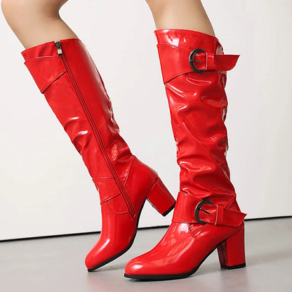 Round Toe Thick Heel Lacquered Leather Upper Side Zipper Knee High Boots Double Row Circular Metal Belt Buckle Breathable Boots