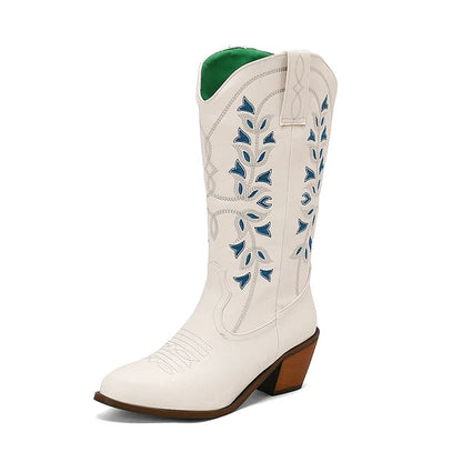 Green White Navy Blue Embroidery Chunky High Heels Women Shoes Big Size 47 48 290 Foot Length Western Punk Gothic Mid-calf Boots