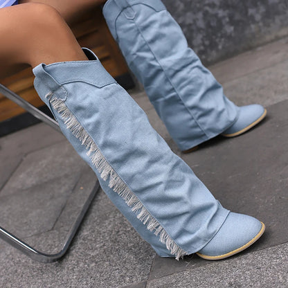 Plus Size Washed Denim Material With Cuffed Fashion Western Boots Side Fringe Wood Grain Thick Heels Slip-On Trend Knee Boots