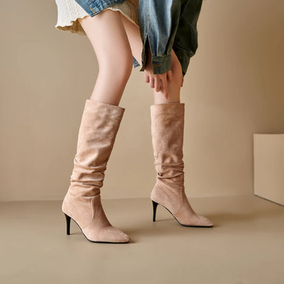 Plus Size Pleated Flock Pointed Ultra High Slim Heel Women's Knee High Boots With Short Plush Lining Slip-On Concise Style Boots