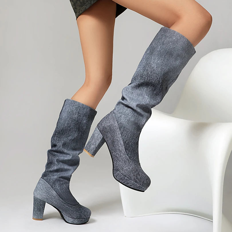 Plus Size Waterproof Round Toe Thick Heel Denim SLIP-ON Women's Knee High Boots Korean Concise Style Warm Winter Boots