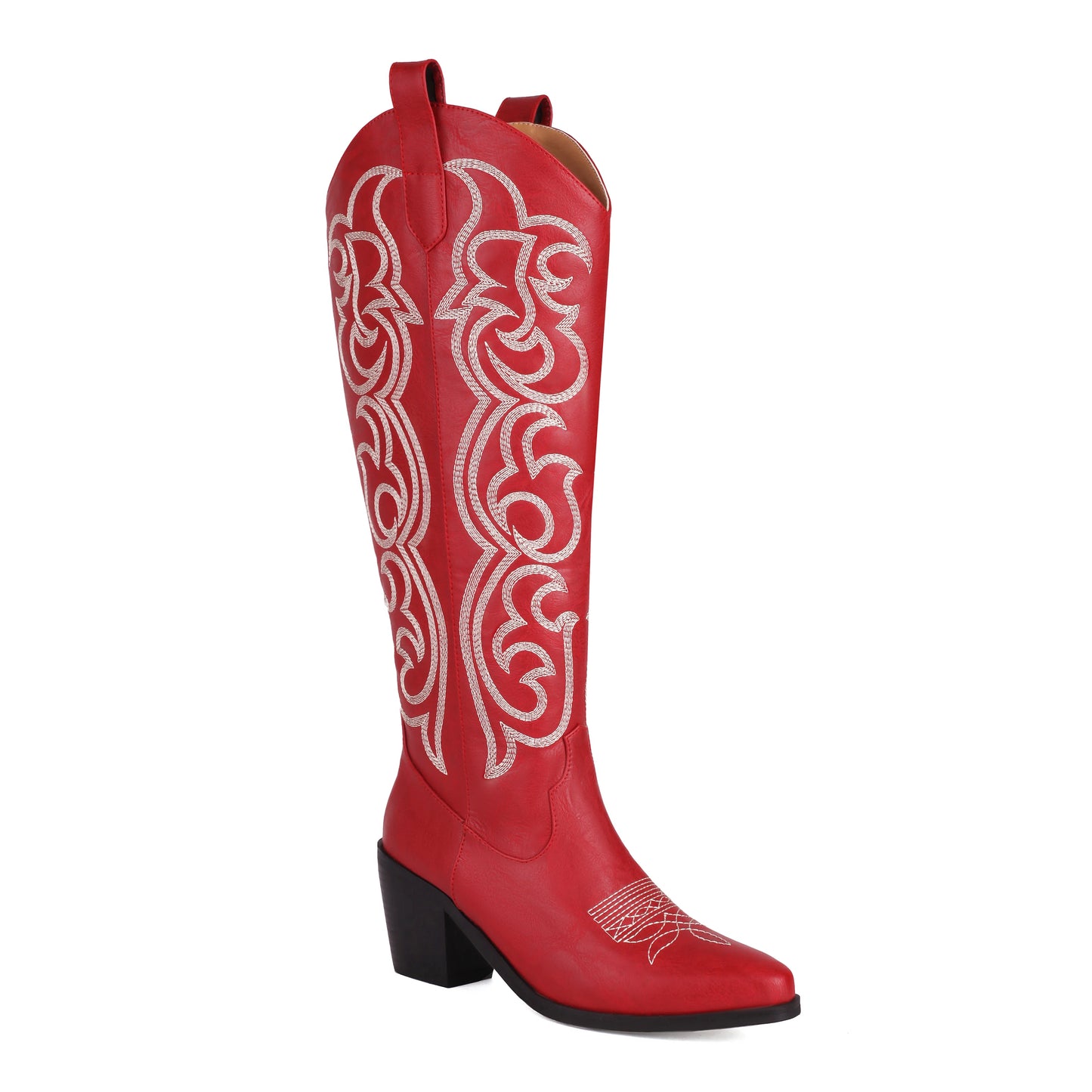 2024 Embroidered Stripe Pointed Thick Heel Breathable Inner Western Boot Upper Embroidered Slip-On Autumn Knee Length Boots