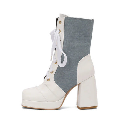 Plus Size Denim Patchwork PU Cross Tie Side Zipper Square Toe Extra High Thick Heel Mid Length Boots Platform Fashion Boots