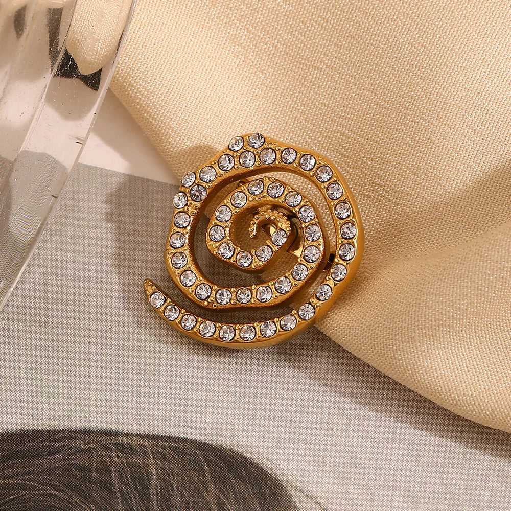 E.B.belle White Rhinestone Vortex Brooch Stainless Steel 18k Gold Plated For Women Fashion Charm ClothingDecoration Waterproof