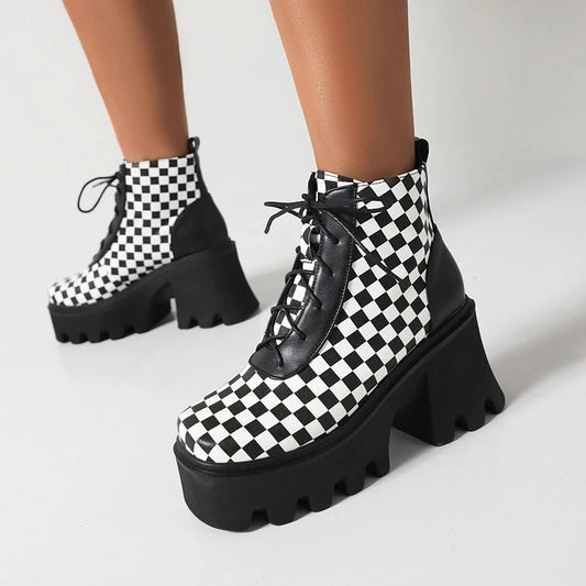 Black And White Cross Lace-Up Mixed Colors Ankle Boots