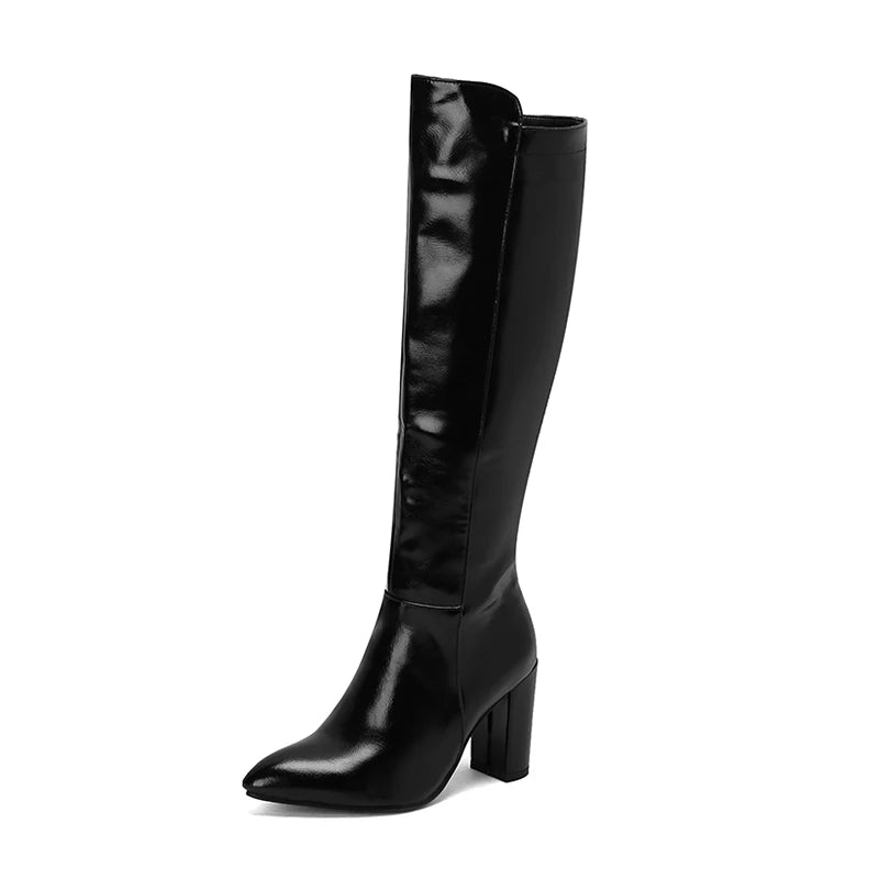 Plus Size Shiny Patent Leather Material Pointed Ultra-High Thick Heel Knee High Boots Sewing Plush Interior Sexy Style Boots