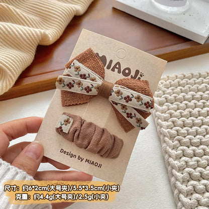 2pcs Kids Coffee Hair Pin Hair Rope Set Classic Bow Barrettes Elastic Band Ties Headwear Girls Kids Hair Accessories