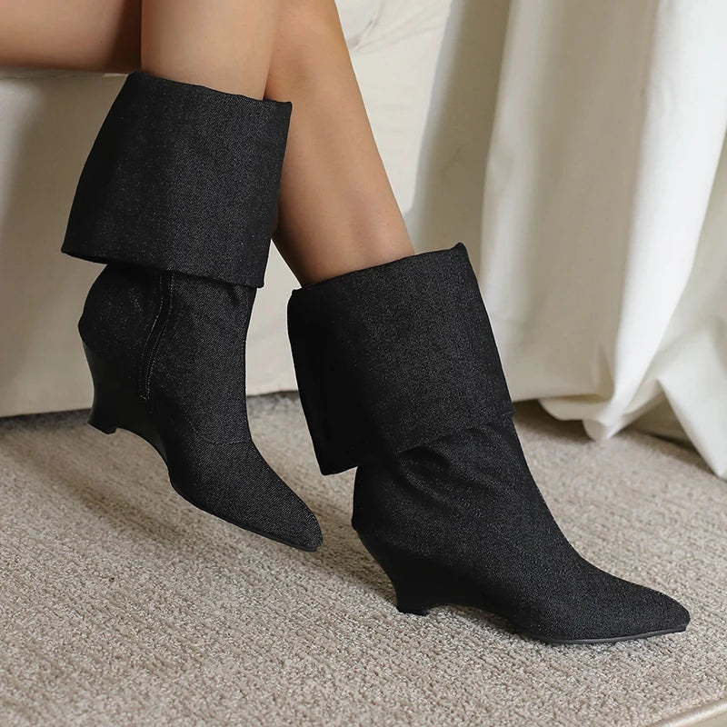 Plus Size Denim Material Pointed Flat Bottomed Sloping Heel Plush Lining Knee Boots Side Zipper Floor Slip On Elastic Boots