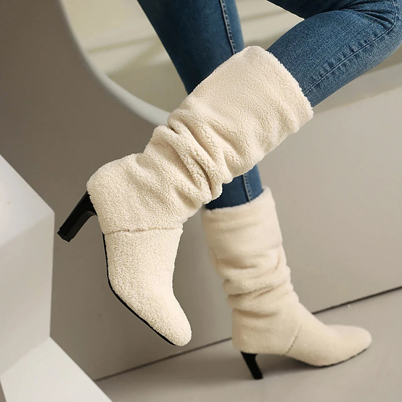 Cashmere Winter Warm Women's Boots Round Shaped Square Heel Thick Plush Lining Snow Boots Artificial Lamb Wool Knee High Boots