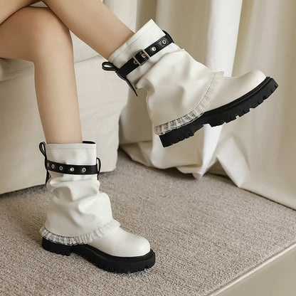 Denim Fabric Upper With Lace Edges Calf Metal Belt Buckle Thick Sole Sponge Heel Short Boots Soft PU Platform Increasing Boots