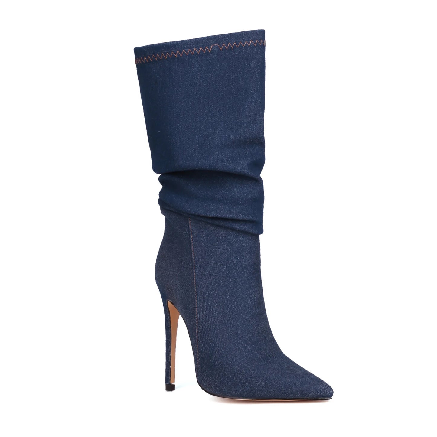 Pointed Toe Ultra-High Slim Heel Denim Baby Blue Fashion Boots With Short Plush Lining Slip-On Women's Knee Boots 2023