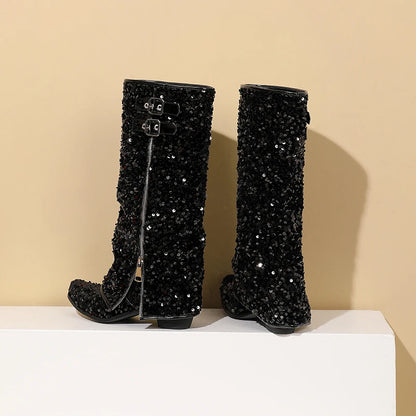 Circle Glitter Flipped Zipper Mid-Calf Boots